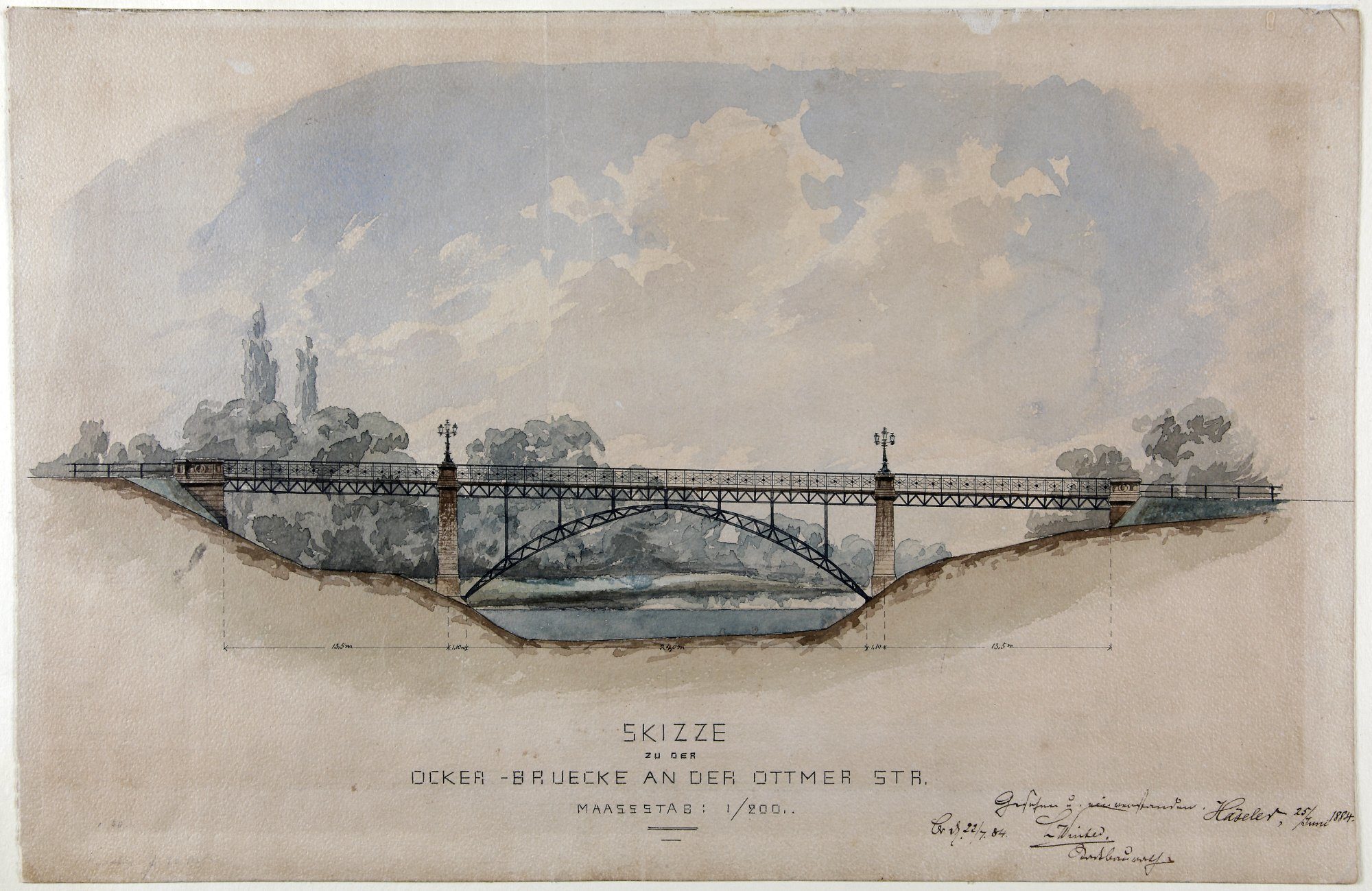 Ottmerbrücke, Südansicht, lavierte Federzeichnung, 1884 (Wird bei Klick vergrößert)