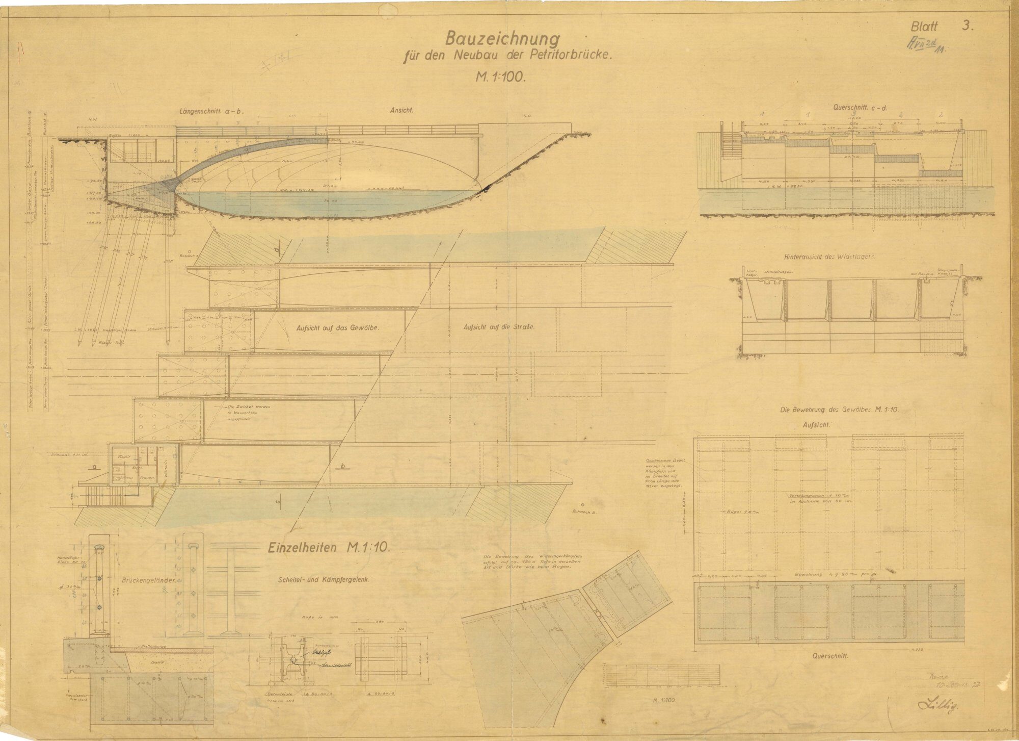 Petritorbrücke, Ausführungsplan, 1927 (Wird bei Klick vergrößert)