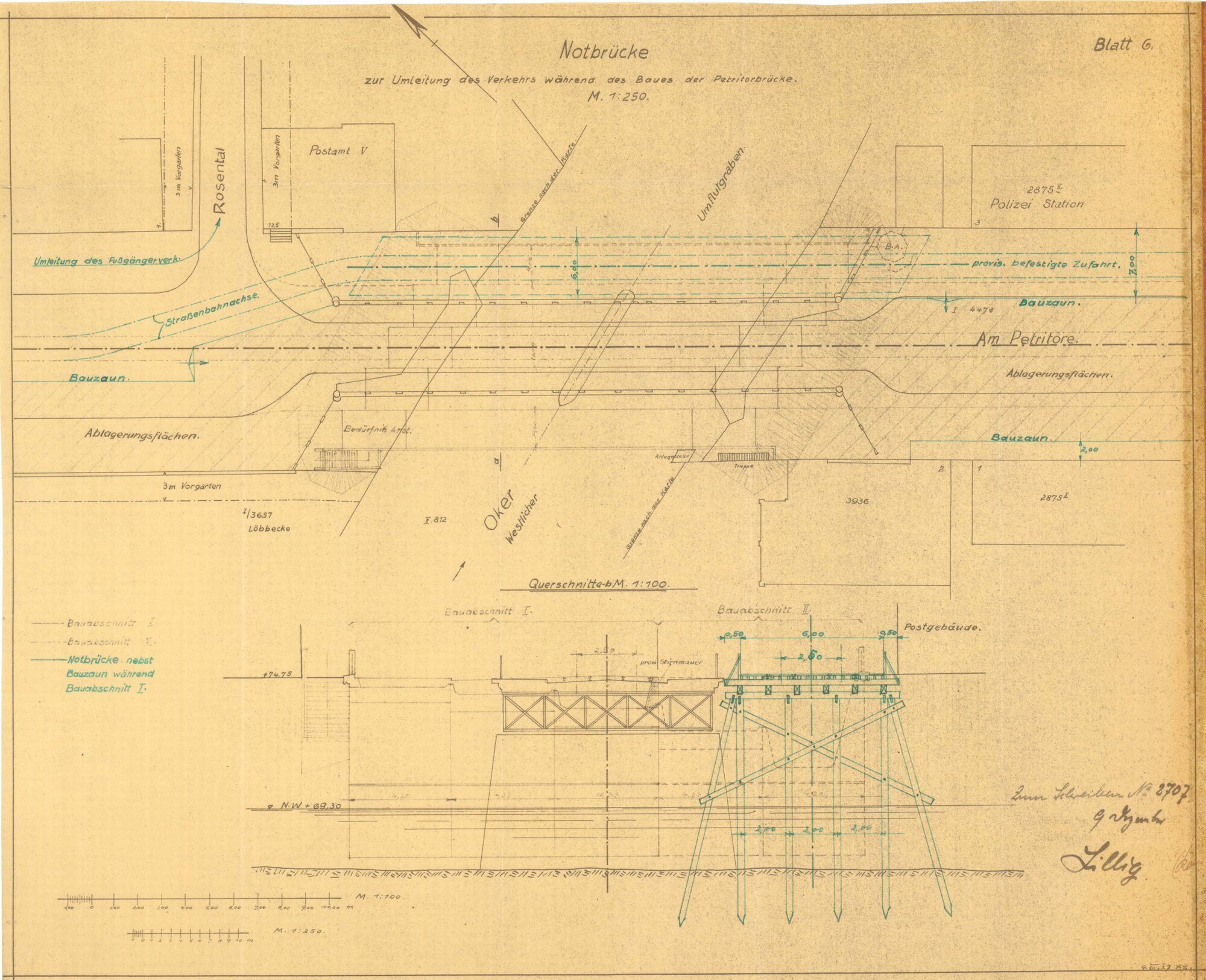 Petritorbrücke, Entwurfszeichnung Notbrücke, 1927 (Wird bei Klick vergrößert)
