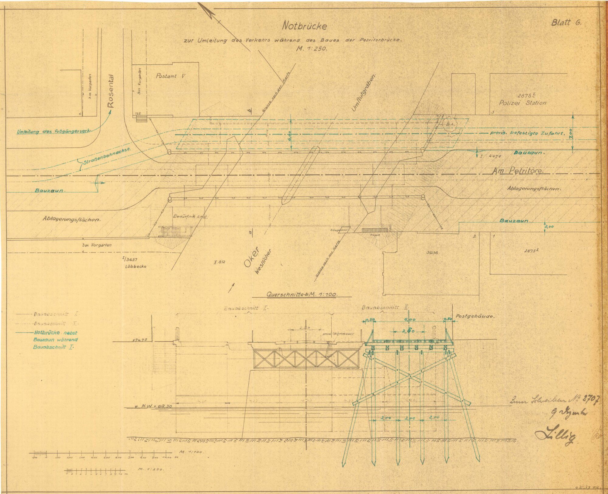 Petritorbrücke, Entwurfszeichnung Notbrücke, 1927 (Wird bei Klick vergrößert)