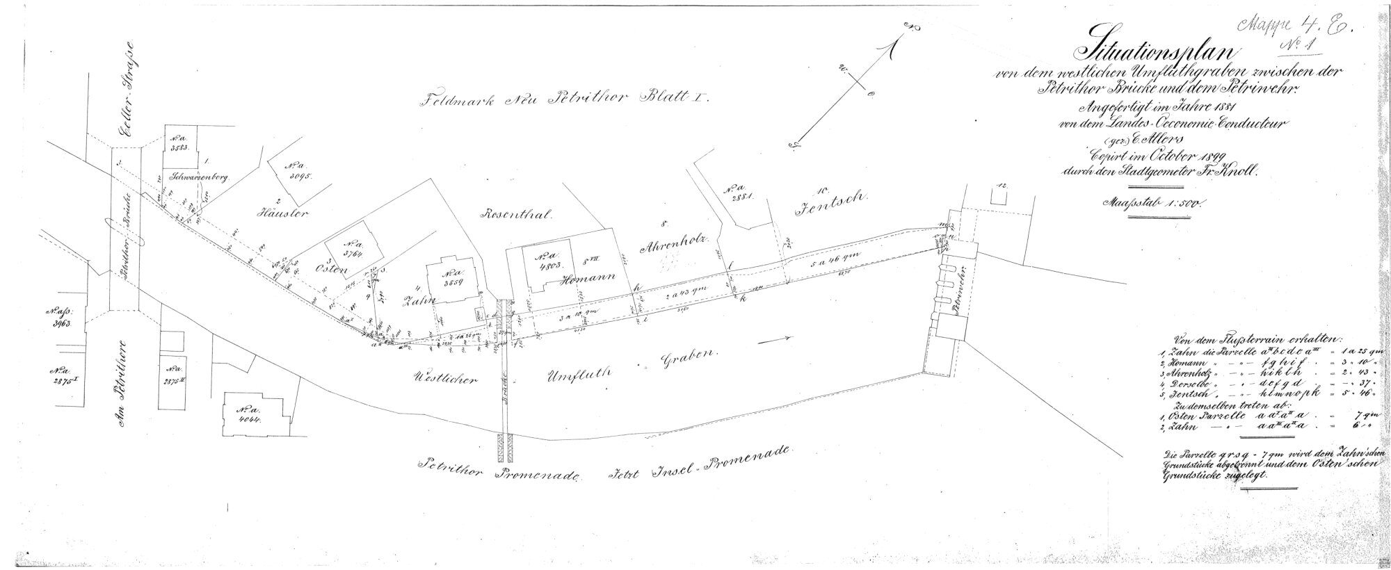 Petritorbrücke, Lageplan, 1899 (Wird bei Klick vergrößert)