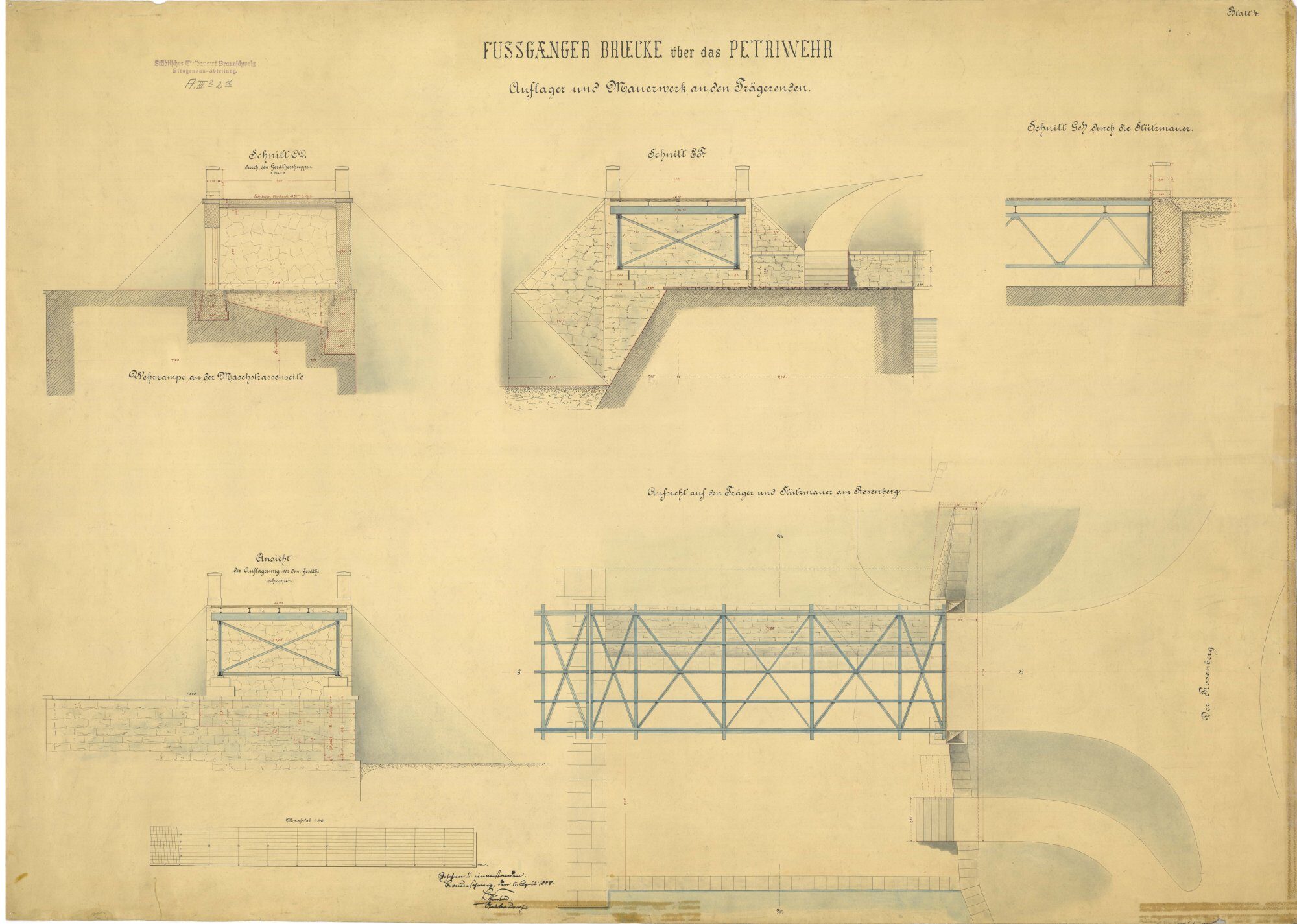 Petriwehrbrücke, Ausführungsplan Auflager, 1888 (Wird bei Klick vergrößert)