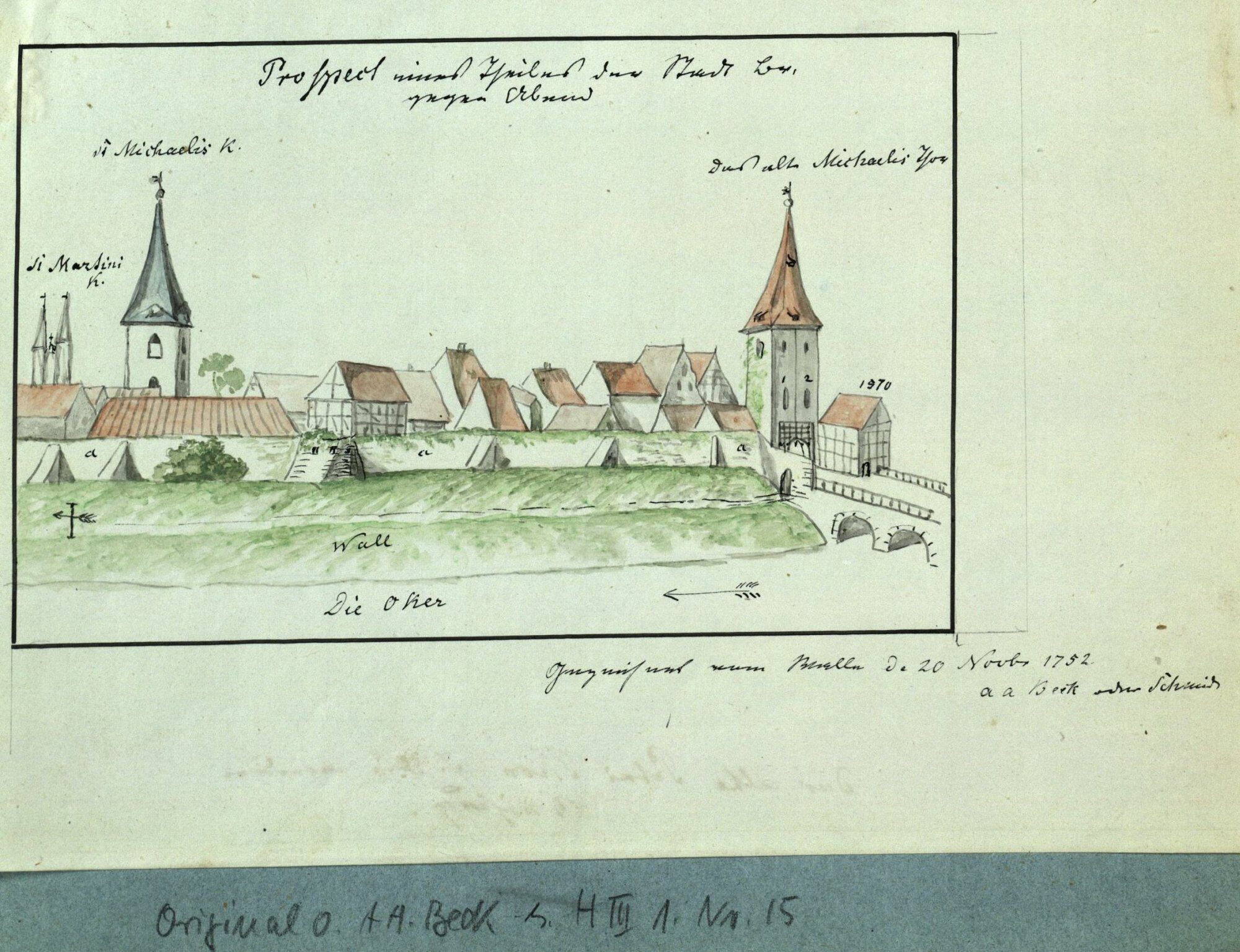 Prinzenwegbrücke, Westansicht Michaelistor mit innerer Grabenbrücke, 1752 (Wird bei Klick vergrößert)