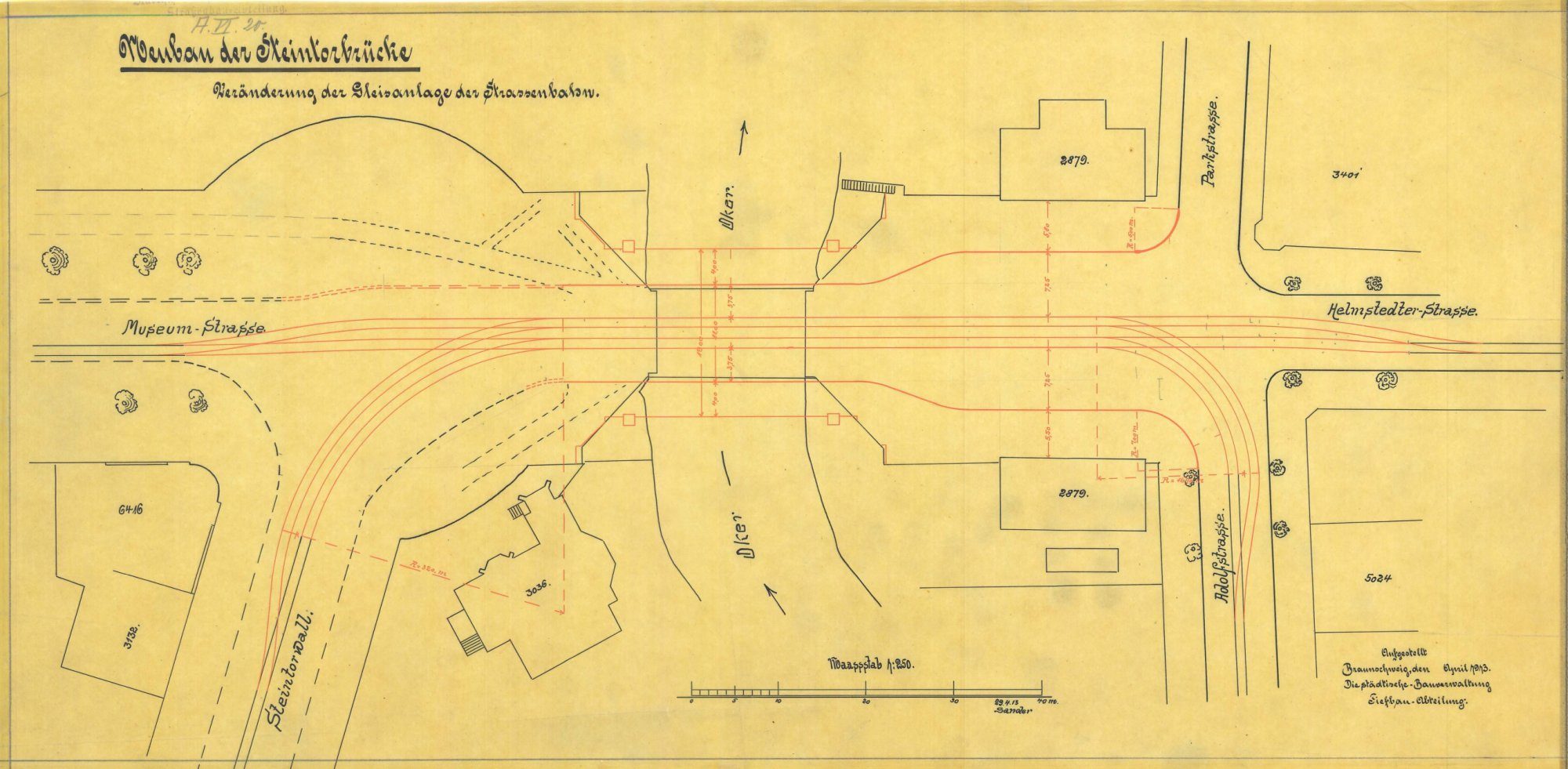 Steintorbrücke, Straßenbahnplan, 1913 (Wird bei Klick vergrößert)