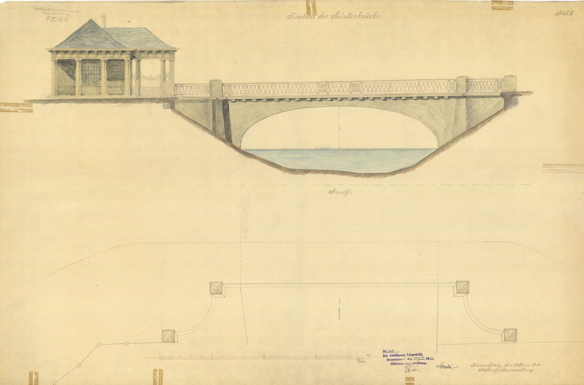Steintorbrücke, Ausführungsplan, Ansicht, 1914 (Wird bei Klick vergrößert)