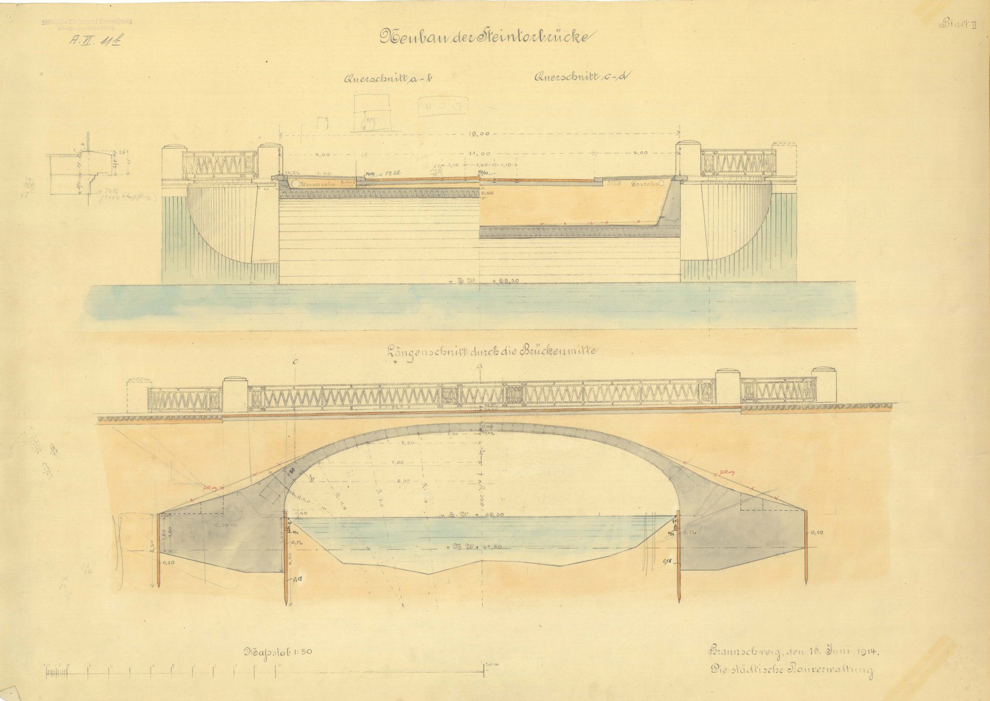 Steintorbrücke, Querschnitt und Längsschnitt, 1914 (Wird bei Klick vergrößert)