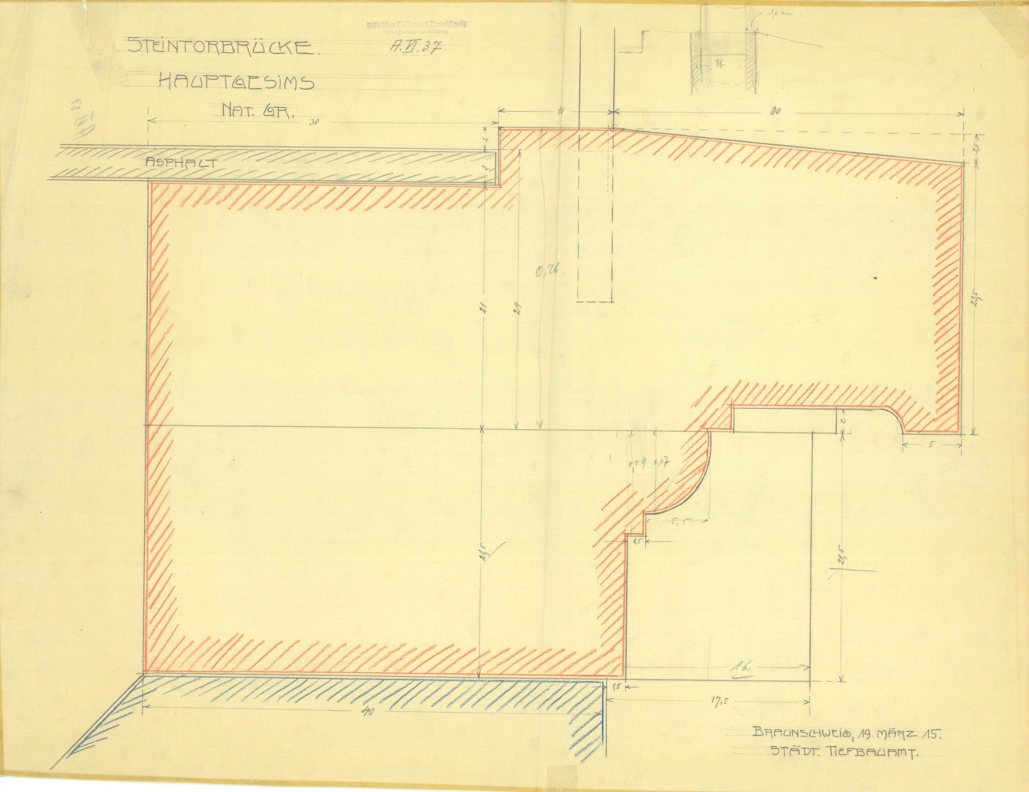 Steintorbrücke, Hauptgesims (Schnittdetail), 1915 (Wird bei Klick vergrößert)