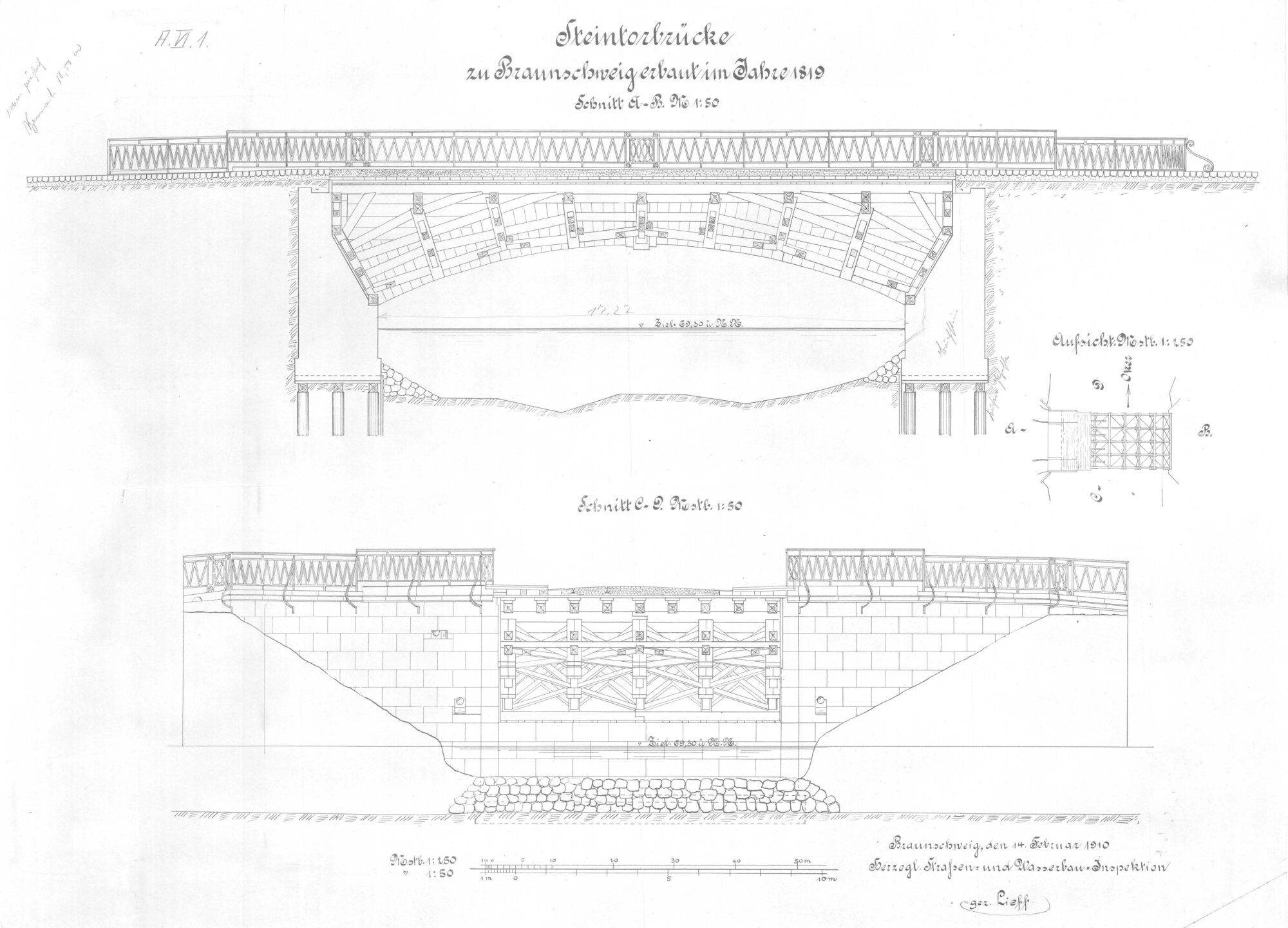 Steintorbrücke, Plan der hölzernen Bogenkonstruktion, 1910 (Wird bei Klick vergrößert)