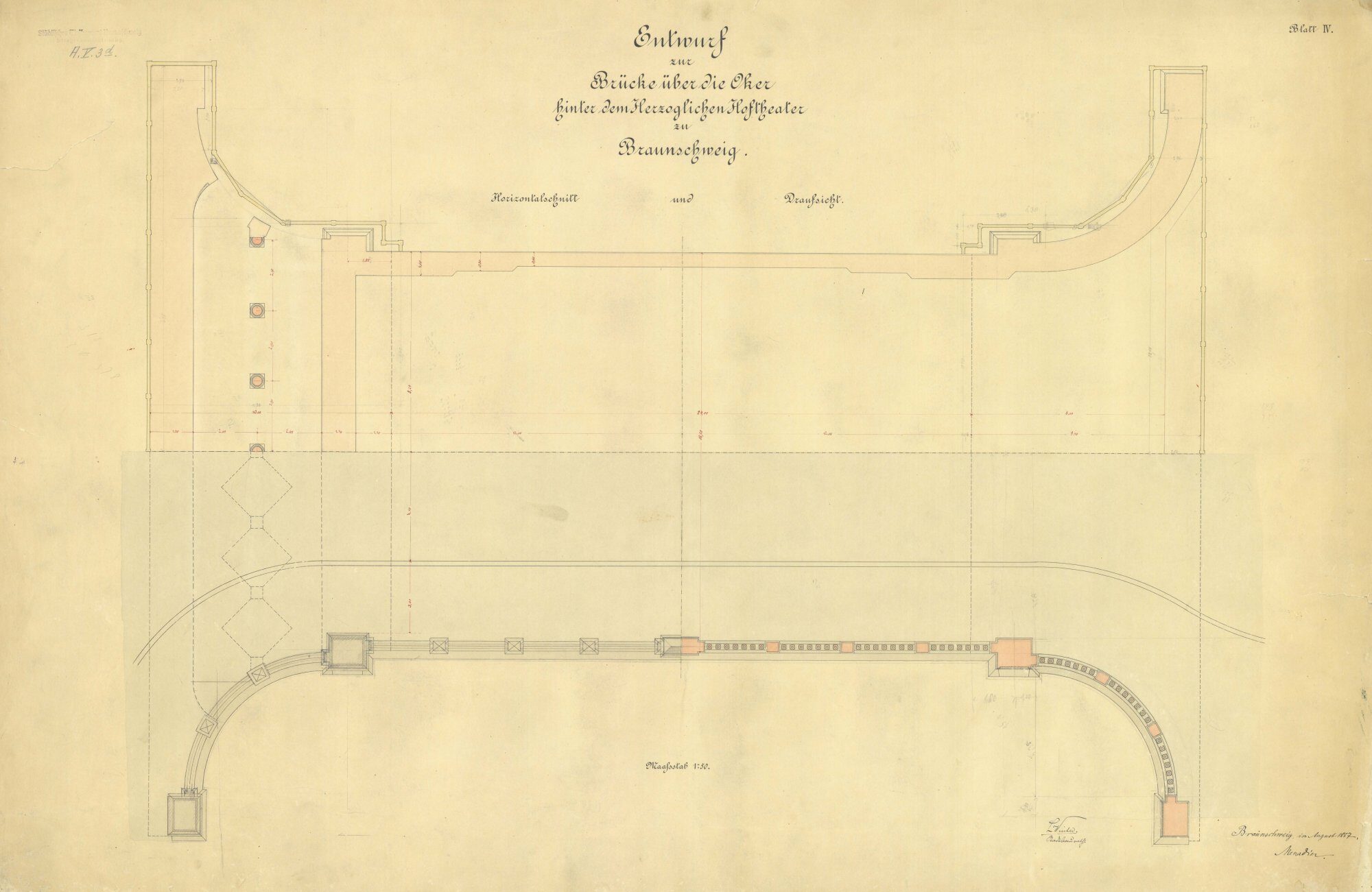 Theaterbrücke, Ausführungsplan, Horizontalschnitt und Draufsicht, 1887 (Wird bei Klick vergrößert)