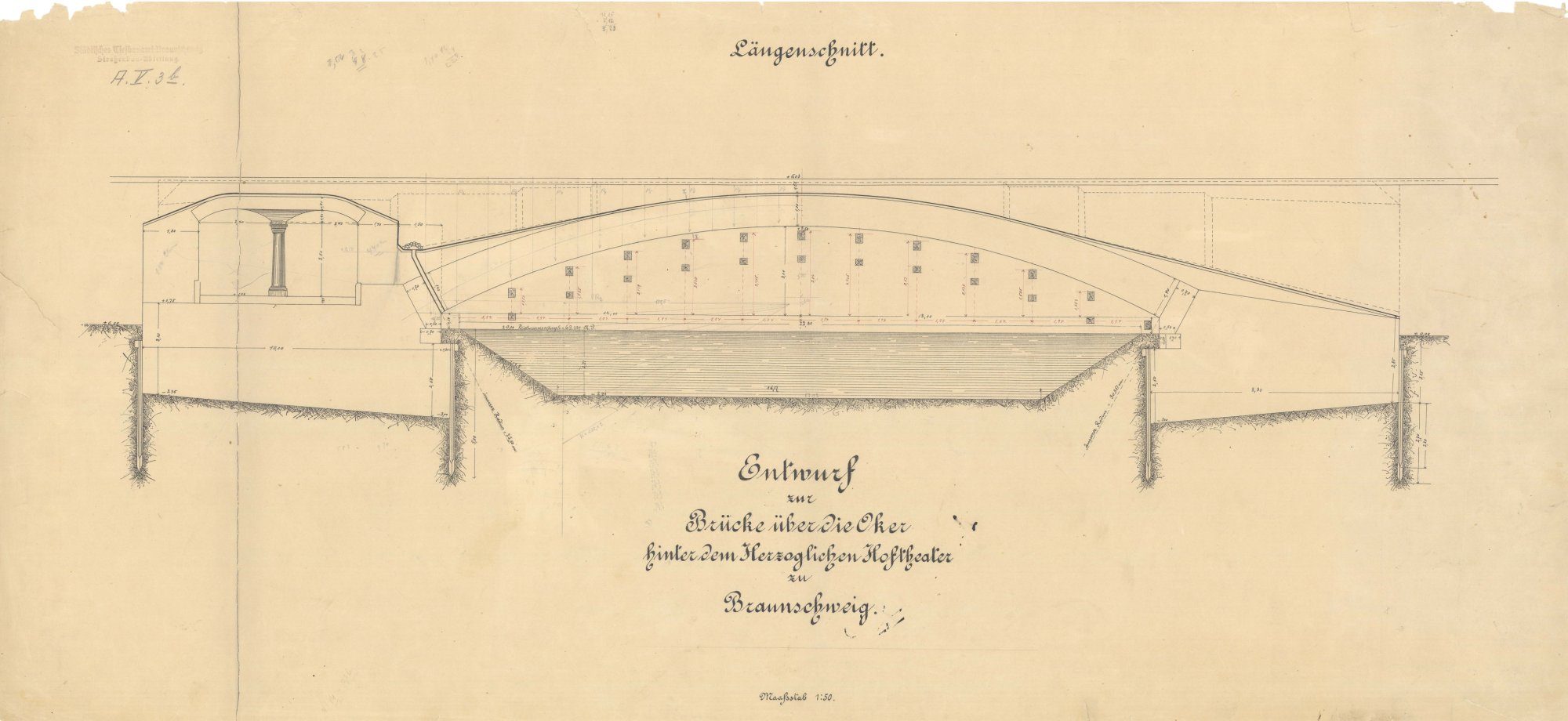 Theaterbrücke, Längsschnitt, 1887 (Wird bei Klick vergrößert)