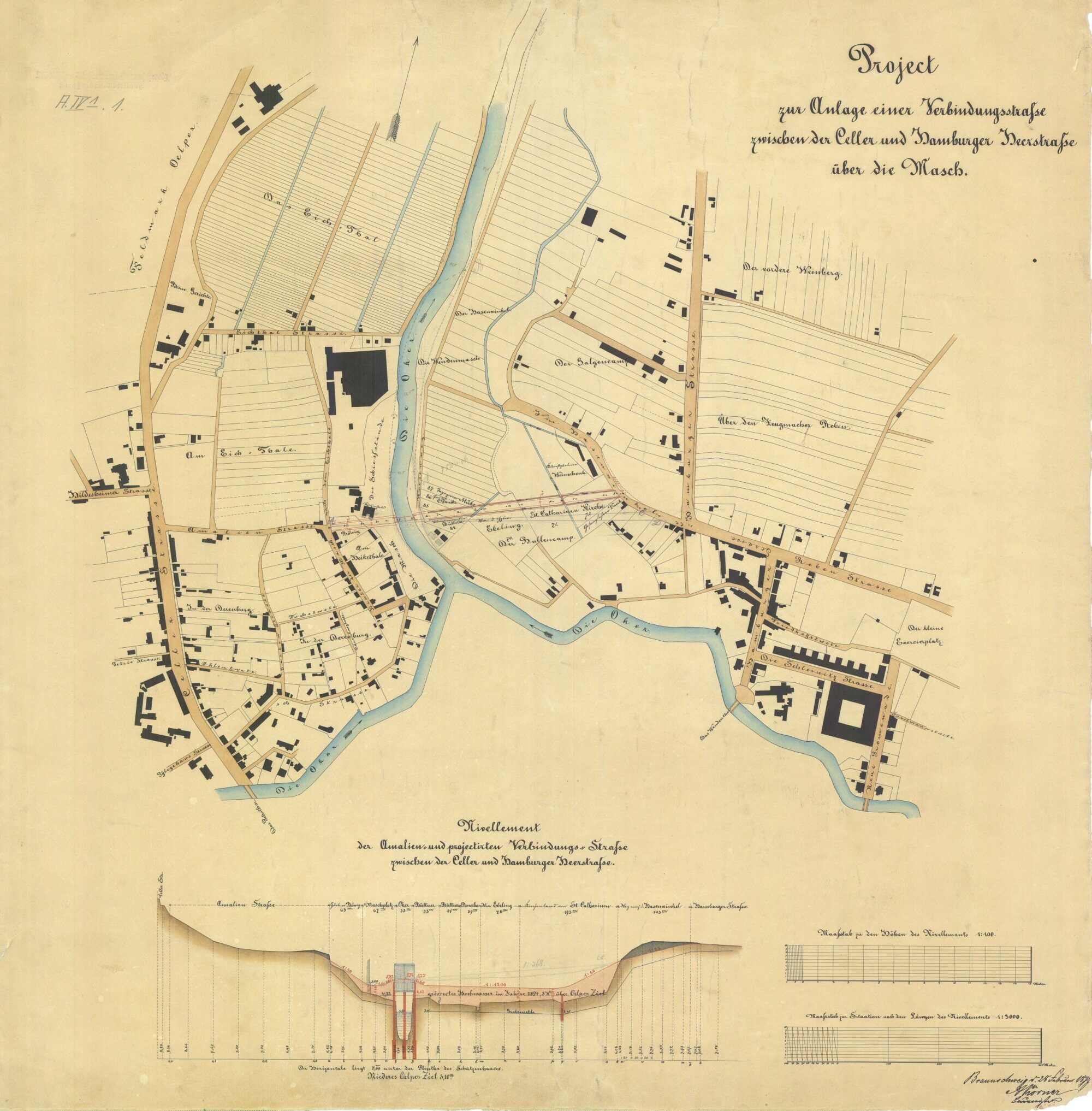 Wendenringbrücke, Planung des nördlichen Rings, Nivellement, 1877 (Wird bei Klick vergrößert)