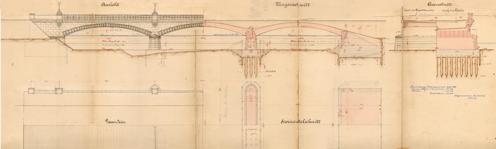 Wendenringbrücke, Ausführungsplan, Ansicht mit Schnitt, 1889 (Wird bei Klick vergrößert)