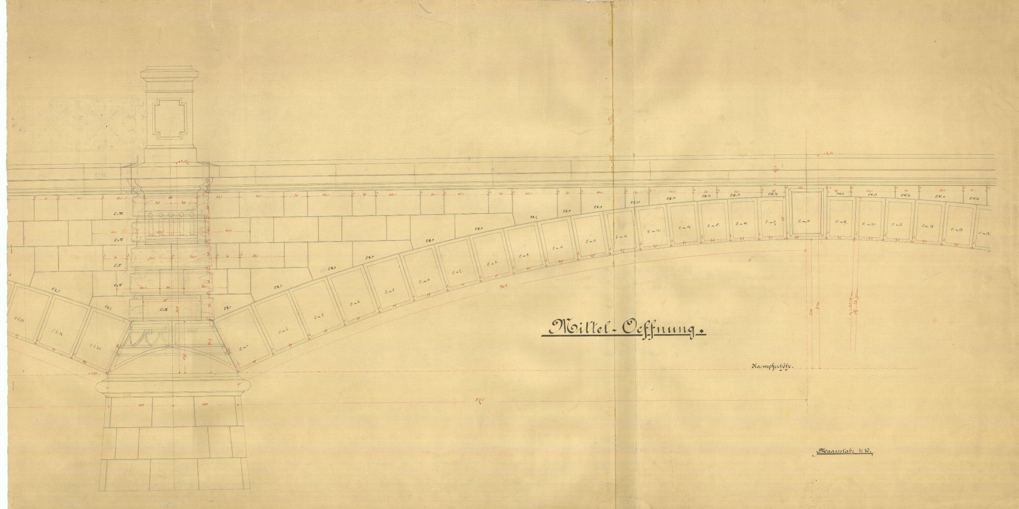 Wendenringbrücke, Ausführungsplan, mittlere Bogenöffnung, 1889 (Wird bei Klick vergrößert)