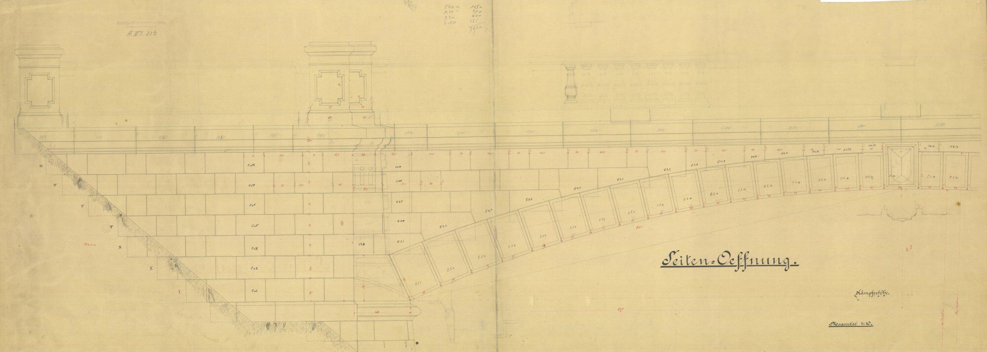 Wendenringbrücke, Ausführungsplan, Brückenkopf und Seitenöffnung, 1889 (Wird bei Klick vergrößert)