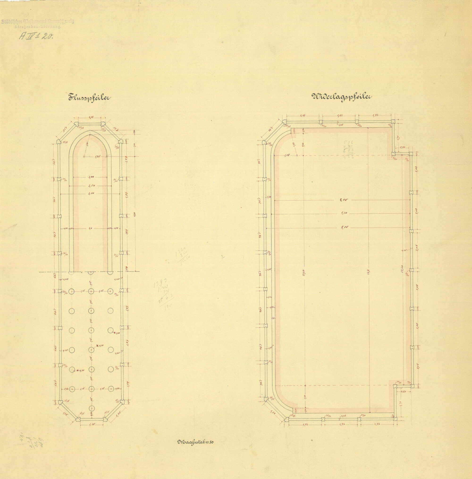 Wendenringbrücke, Pfeilergrundrisse, 1889 (Wird bei Klick vergrößert)