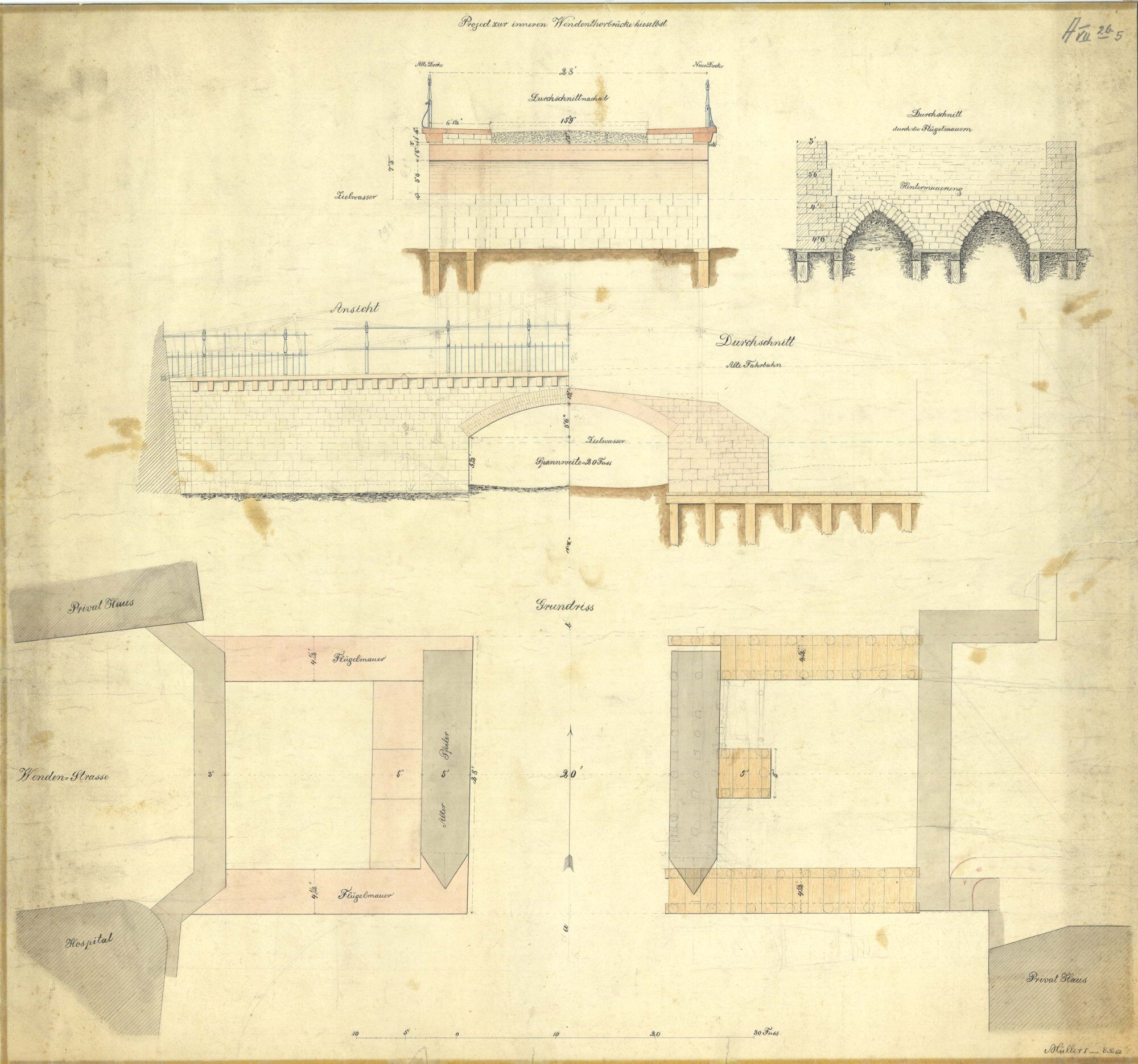 Wendentorbrücke, innere Grabenbrücke, Entwurf, 1869 (Wird bei Klick vergrößert)