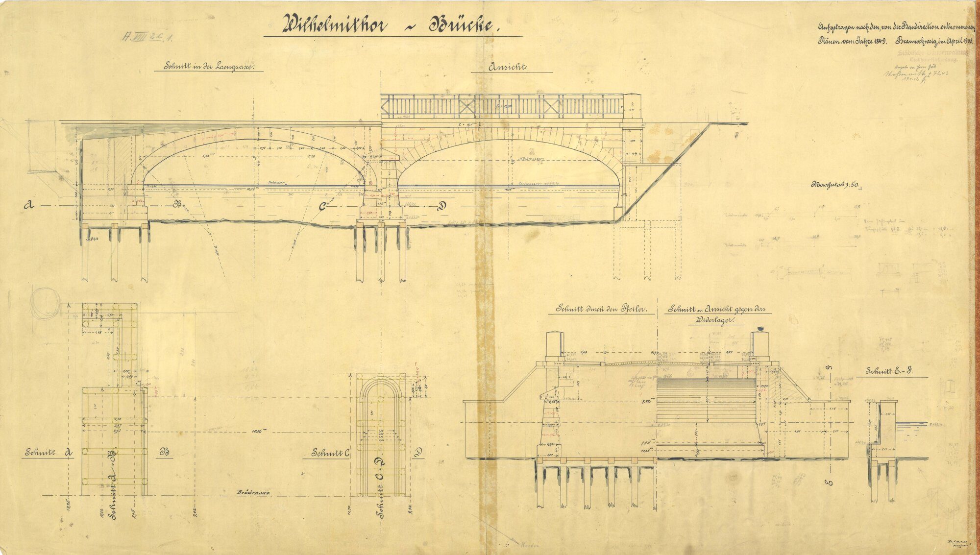 Wilhelmitorbrücke, Bestandsplan, Ansicht und Schnitte, 1903 (Wird bei Klick vergrößert)