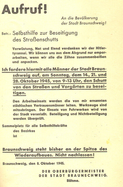 Aufruf des Oberbürgermeisters zur Trümmerräumung 1945 (Wird bei Klick vergrößert)