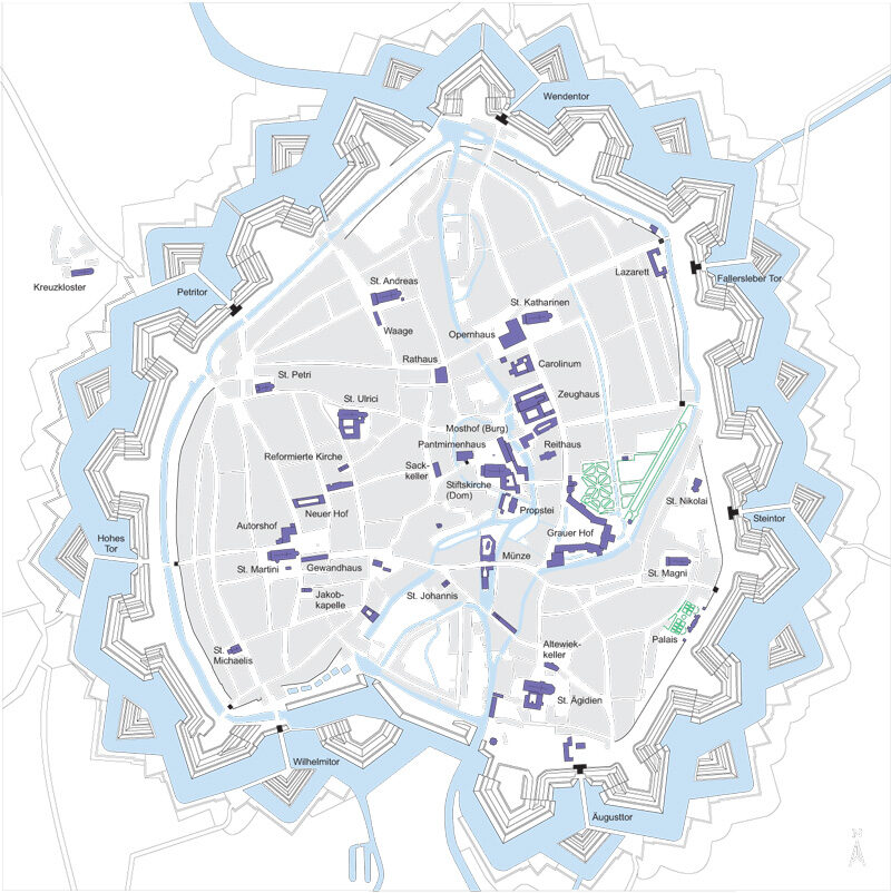 Grundriss Braunschweigs um 1750. Deutlich zu erkennen ist der festungsartige Ausbau der Stadt. (Wird bei Klick vergrößert)