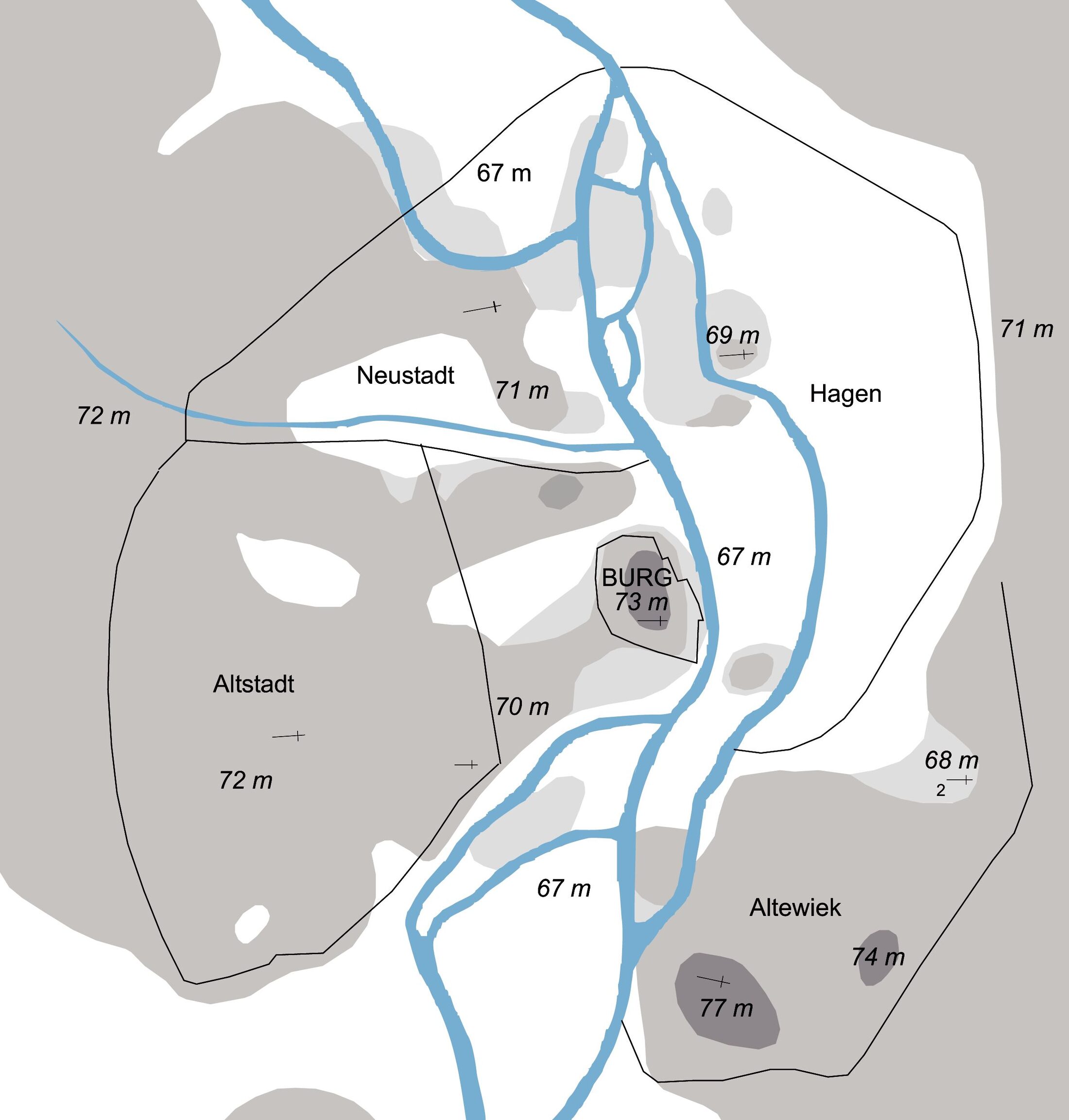 Landschaftliche Situation im Bereich der Braunschweiger Innenstadt vor der Besiedlung. Rekonstruktionsversuch nach H. Rötting. (Zoom on click)