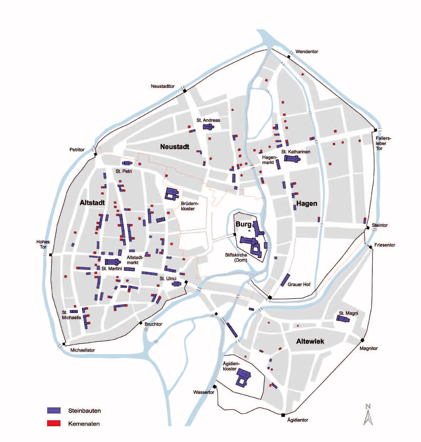 Braunschweig in der 2. Hälfte des 13. Jahrhunderts mit Darstellung der Steinhäuser und Kemenaten. (Wird bei Klick vergrößert)