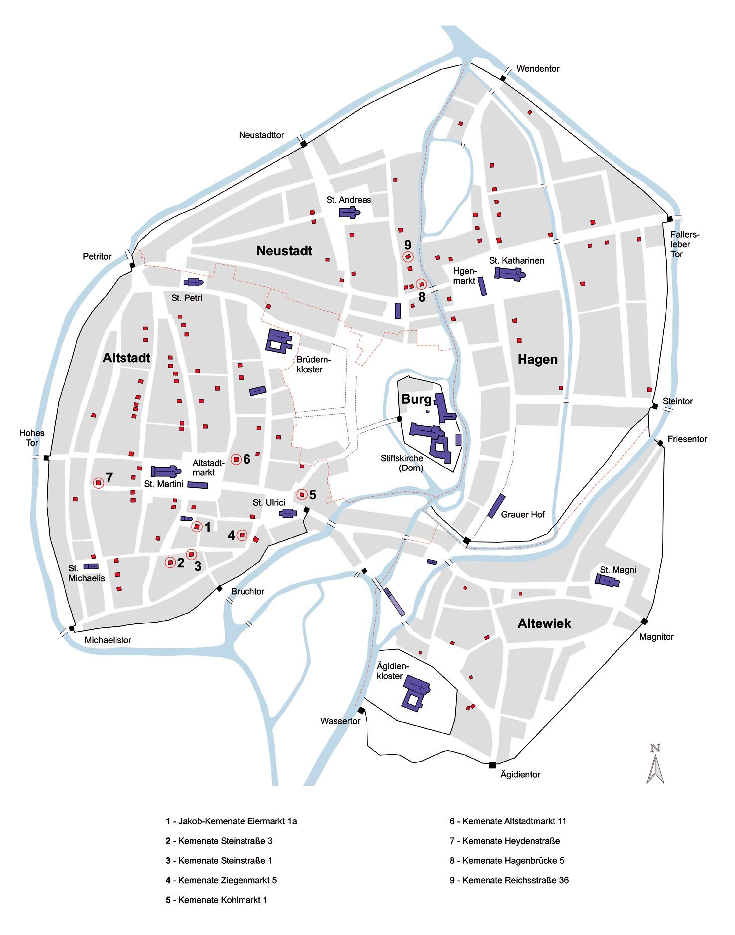 Braunschweig in der 2. Hälfte des 13. Jahrhunderts mit Kartierung der Kemenaten. Die erhaltenen Bauten sind gekennzeichnet. (Zoom on click)