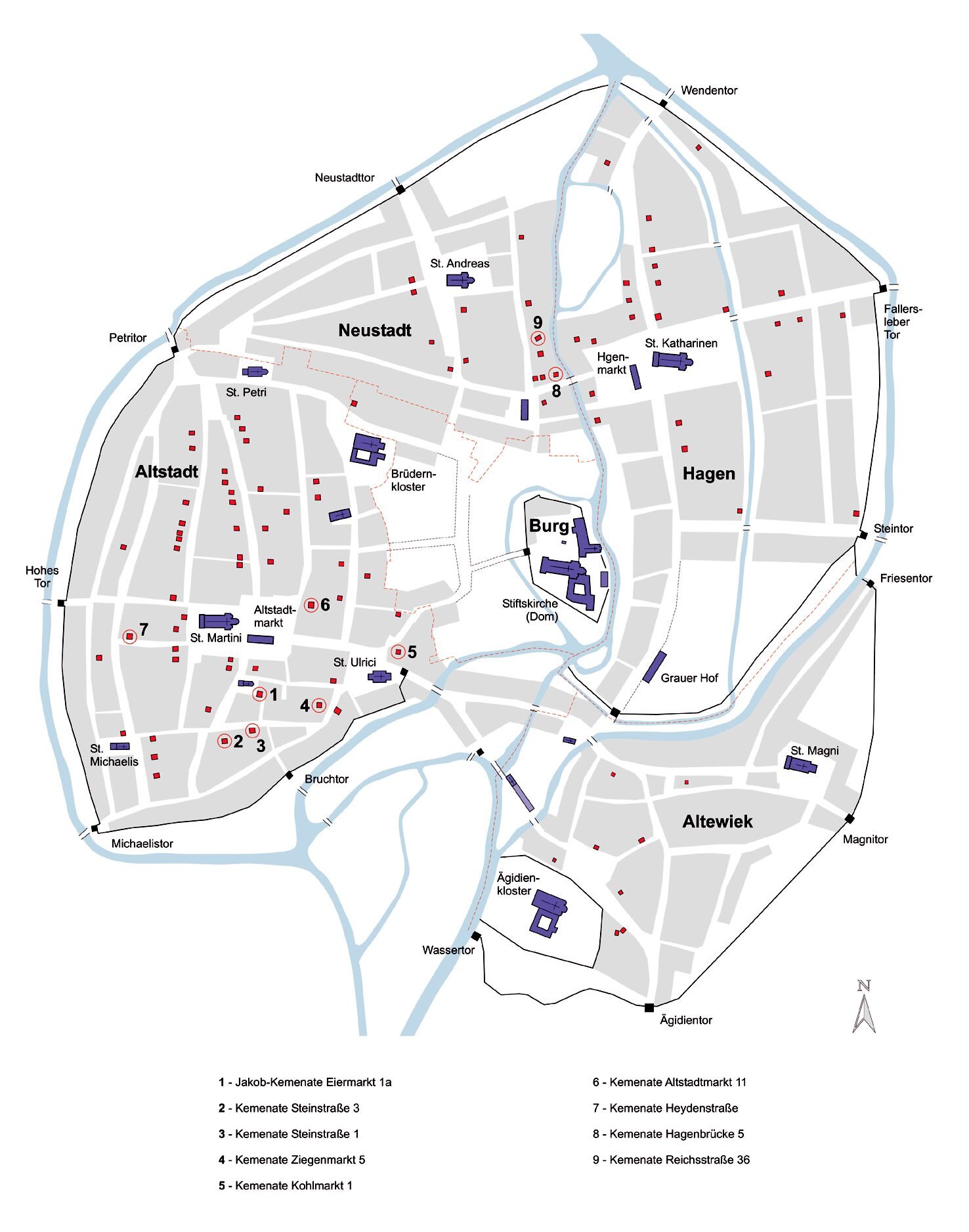 Braunschweig in der 2. Hälfte des 13. Jahrhunderts mit Kartierung der Kemenaten. Die erhaltenen Bauten sind gekennzeichnet. (Wird bei Klick vergrößert)