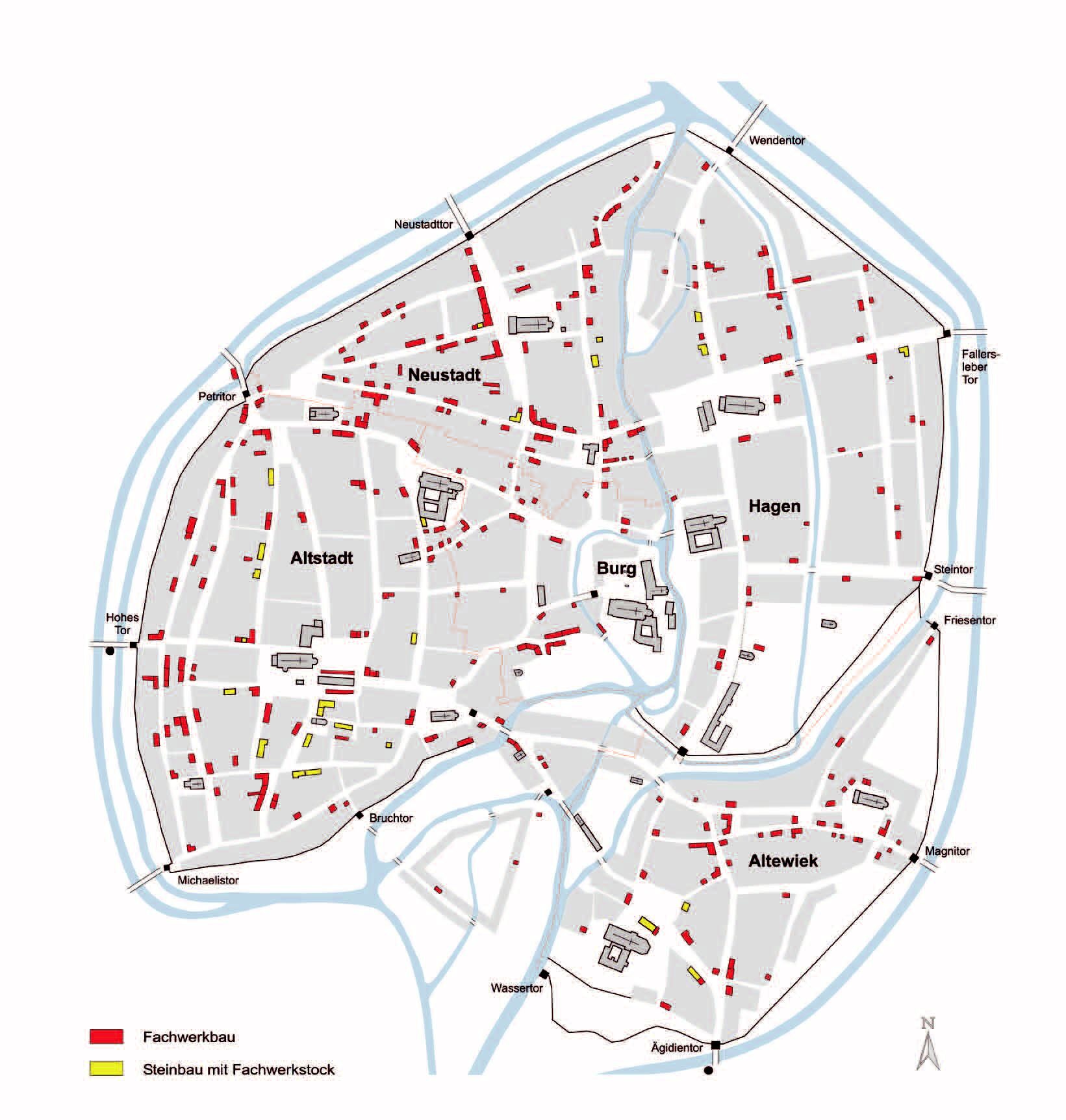 Braunschweig um 1500 mit Darstellung der im Bestand und durch Bildquellen und Literatur nachweisbaren spätmittelalterlichen Fachwerkbauten. (Wird bei Klick vergrößert)