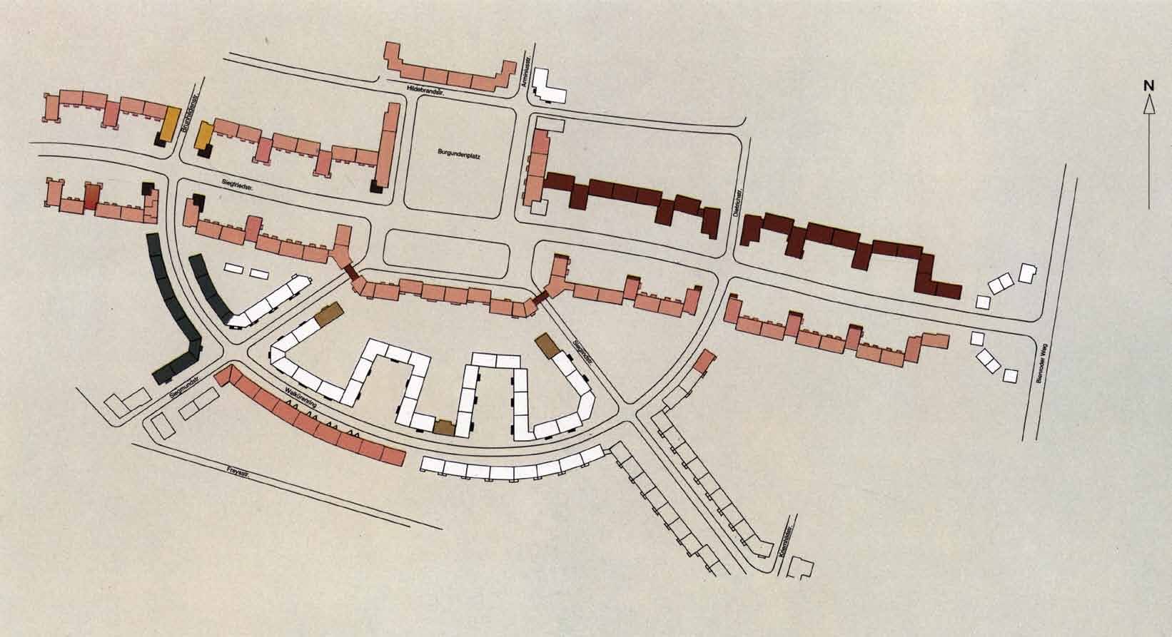 Das Siegfriedviertel entstand ab 1926 mit expressionistischen Elementen im Bauhausstil. Hier ein Grundriss mit den Fassadenfarben aus dem Jahr 1984. (Wird bei Klick vergrößert)