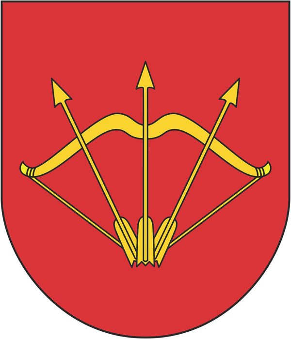 Das Wappen der Stadt Bila Tserkva zeigt einen goldenen Bogen mit gespannter Bogensehne, auf dem drei goldene Pfeile nach oben zeigen. Einst war sie ein Symbol der Festungsstadt. (Wird bei Klick vergrößert)