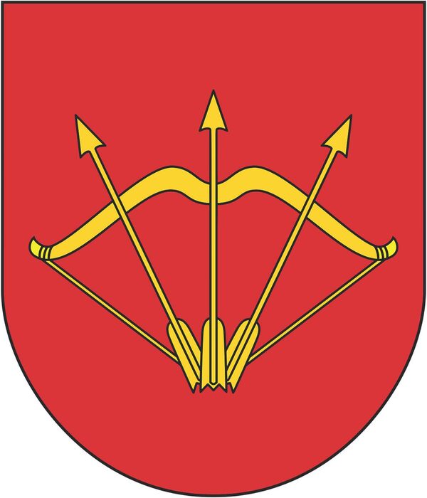 Das Wappen der Stadt Bila Zerkwa zeigt einen goldenen Bogen mit gespannter Bogensehne, auf dem drei goldene Pfeile nach oben zeigen. Einst war sie ein Symbol der Festungsstadt. (Zoom on click)