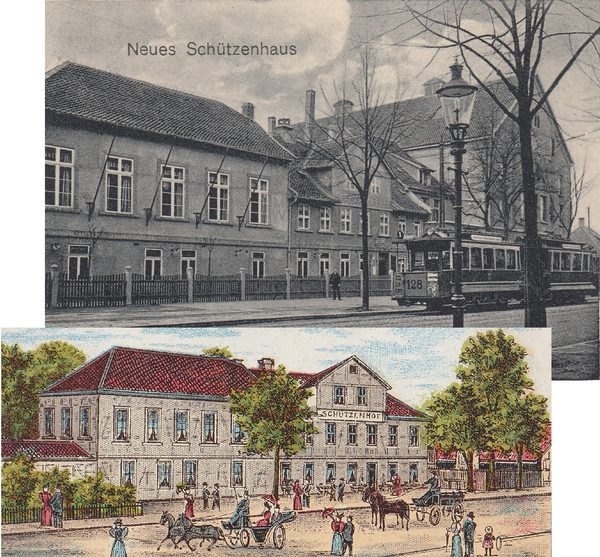 Rechts oben im Bild: das neue Schützenhaus von 1911 (Wird bei Klick vergrößert)