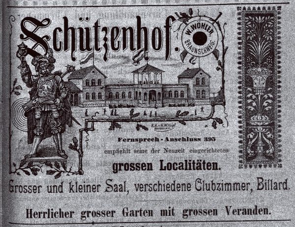 Werbung 1895 für den Schützenhof (abgebildet: Hofgebäude) (Wird bei Klick vergrößert)