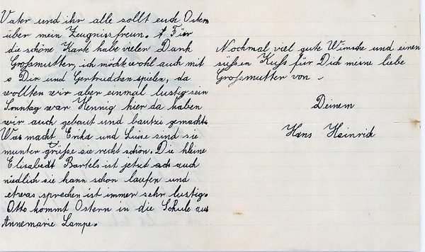 H.H. Gehrs Brief 1926 an Großmutter (Wird bei Klick vergrößert)