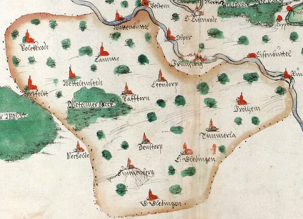 Ausschnitt aus Karte v. G.Mascop (1574) mit dem Amt Eich (Wird bei Klick vergrößert)