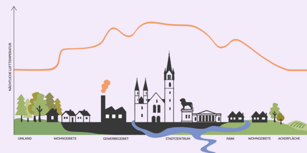 Die nächtliche Lufttemperatur ist über dem Stadtzentrum höher als über Wohngebieten oder Parks. Noch niedriger ist die Lufttemperatur über Wald- oder Ackerflächen im Umland. (Wird bei Klick vergrößert)