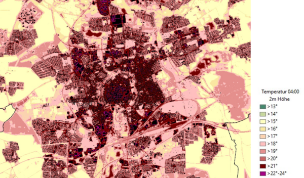 Abb. Wärmeinseln Braunschweig 2050 Quelle: Klimaanalyse Braunschweig 2018 (Wird bei Klick vergrößert)