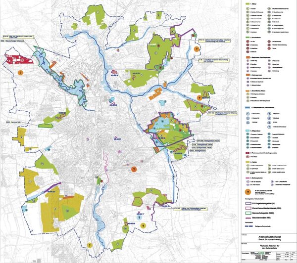 Übersichtskarte des Stadtgebiets Braunschweig zum Artenschutzkonzept. (Wird bei Klick vergrößert)