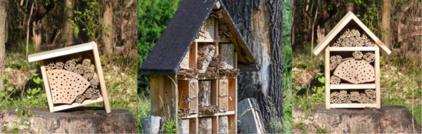 Verschiedene Wildbienenhotels aus Holz und anderen Naturmaterialien.