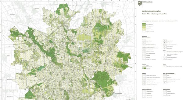 Übersichtskarte des Landschaftsrahmenplans für das Stadtgebiet Braunschweig.