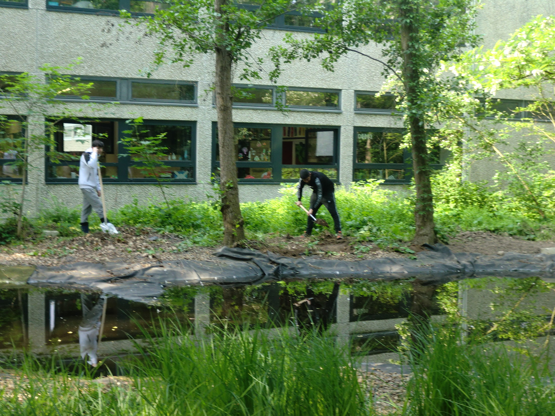 An einem Teich arbeiten zwei Personen mit Spaten. Die Teichfolie ist noch zu sehen. Im Hintergrund ist ein Gebädue. (Wird bei Klick vergrößert)