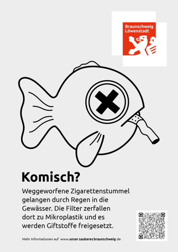 Das Braunschweiger Plakat zeigt einen toten Fisch mit einer Zigarettenkippe (Wird bei Klick vergrößert)