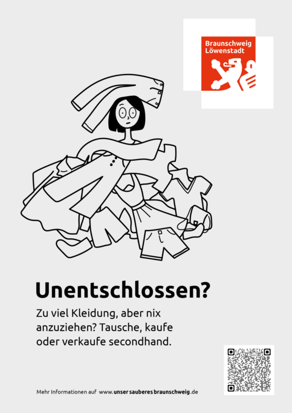 Eine Frau schaut aus einem Kleiderhaufen. Dazu der Text: Zu viel Kleidung, aber nix anzuziehen? Dann tausche, kaufe oder verkaufe secondhand. (Wird bei Klick vergrößert)