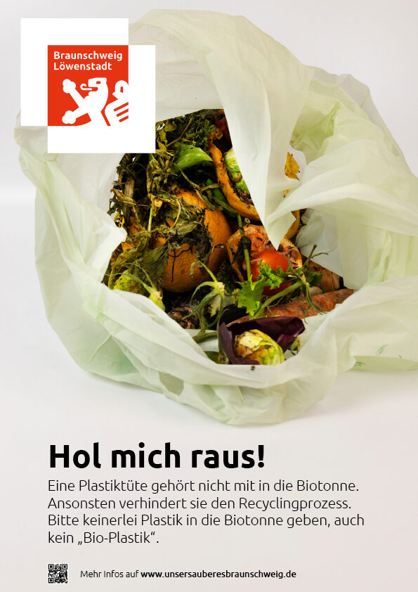 Bioabfälle in einer Plastiktüte, dazu der Text: Hol mich hier raus! (Wird bei Klick vergrößert)