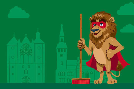 Als Grafik: Löwe mit rotem Cape, Maske und Besen vor Dom und Rathaus