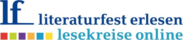 Logo Literaturfest erlesen und lesekreise online, unten links sechs verschiedenfarbige Quadrate (Wird bei Klick vergrößert)