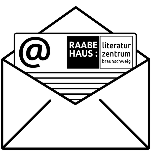 Simplifizierte Darstellung eines Briefumschlags mit herausragendem Brief, dem @-Zeichen und das Logo des Raabe-Hauses (Wird bei Klick vergrößert)