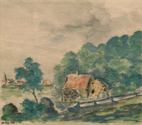 Aquarell von Wilhelm Raabe: Haus mit Wasserrad zwischen Bäumen (Wird bei Klick vergrößert)