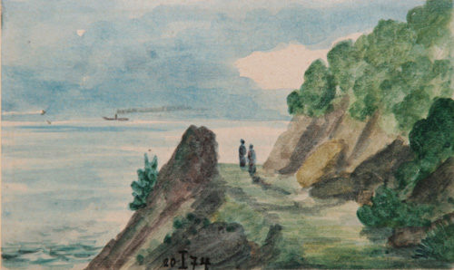 Aquarell von Wilhelm Raabe: Zwei Personen an einem Berghang blicken auf das Meer.