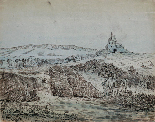 Zeichnung von Wilhelm Raabe: Ein Reiterund sein Pferd machen rast an einem Fluss, im Hintergrund sieht man eine Burg. (Wird bei Klick vergrößert)